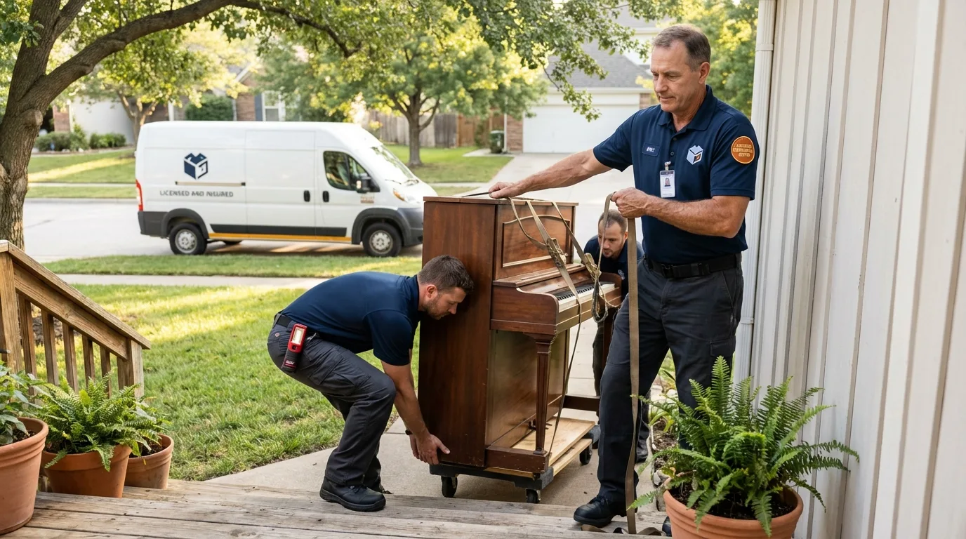 Licensed piano movers securing grand piano in Ticonderoga, NY