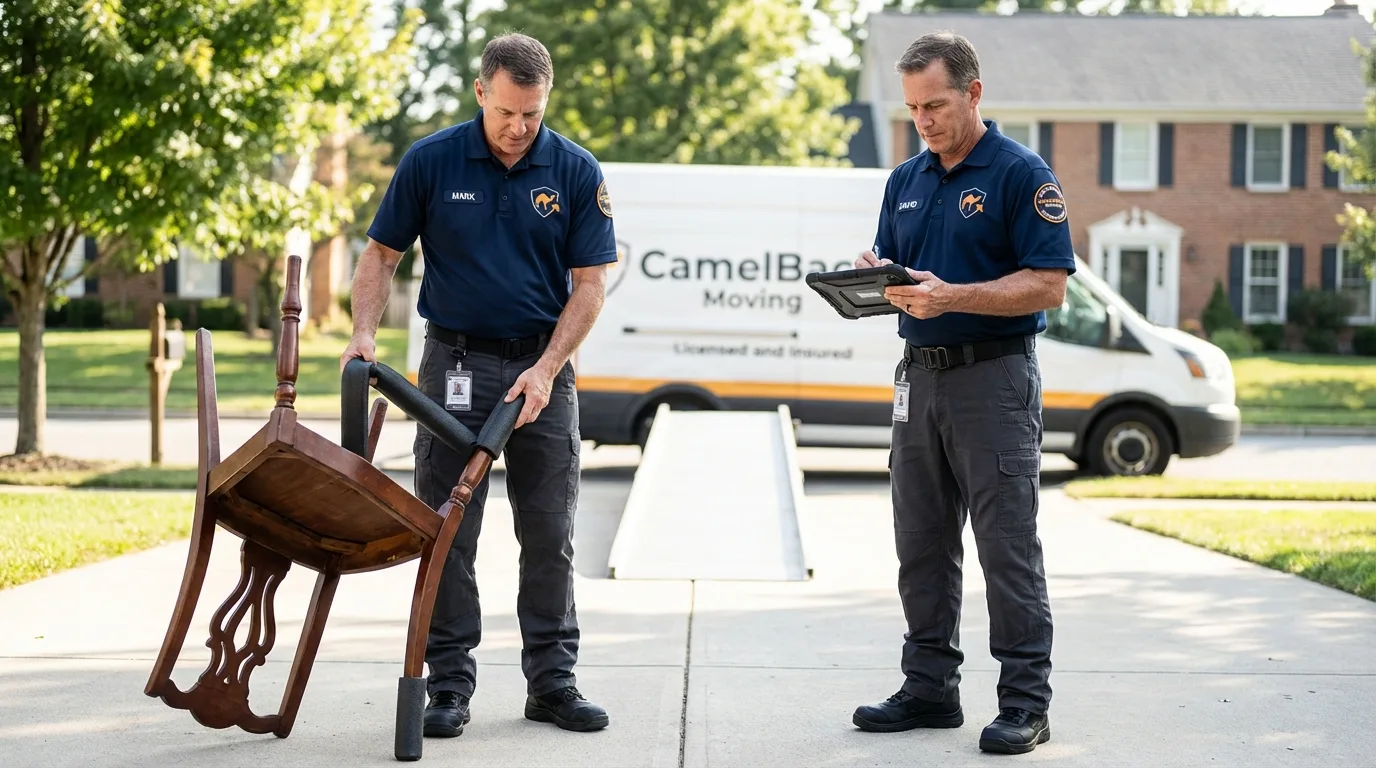 Movers inspecting furniture for damage prevention before loading in Ticonderoga, NY