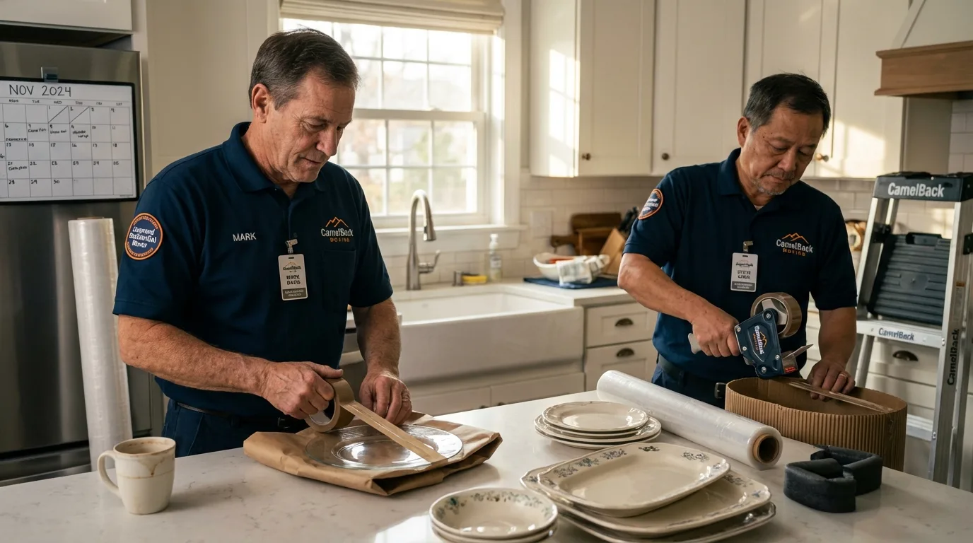 Professional crew packing kitchen dishware in Ticonderoga, NY